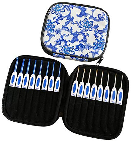 VOANZO 16 st ergonomiska krokar fästa med fodral, blå och vita porslinsstickor i alla storlekar (krokar fästa med fodral)