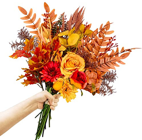 Ruidazon Künstliche Herbstblumen, Blumensträuße, 54,9 cm, Herbst-künstliche Seide, orangefarbene Blumen, Hochzeitssträuße mit Herbstblumen, Stielen für Braut, Brautjungfer, rustikales Zuhause,