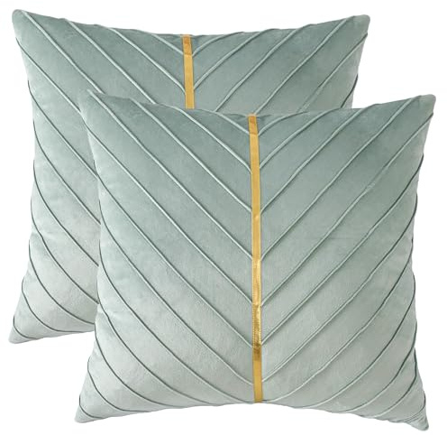 Tosleo 2 Stück Minzgrün Samt Kissenbezüge 40x40 cm Dekorative Couch Luxus Moderne Kissenbezüge für Wohnzimmer Schlafzimmer Sofa Kissen Bett mit Gold Leder