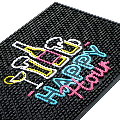 Preboun Bar Mat with Fluorescent Pattern Thick Rubber Non Slip Black Bar Spill Mats for Coffee Kitchen Restaurants Countertop Entertaining Home Service(1 Pcs,17.72 x 11.81 Inch)