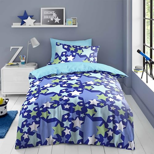 Inspire Me New Kids Microfiber Duvet Cover Set for Boys Girls Childrens Adventure and Comfortable Quilted Soft Set with Pillow Case for Bedroom Décor (Stars Blue, Small)