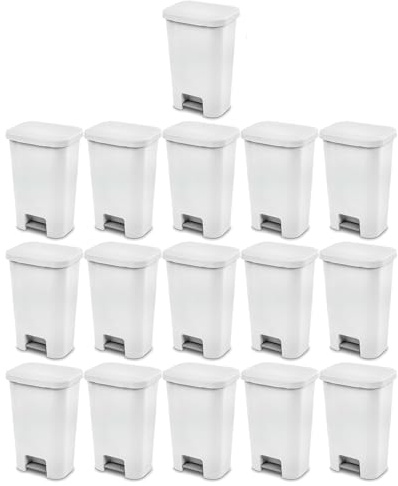 Sterilite 11.9 Gallon Rectangular Step On Kitchen Plastic Indoor Wastebasket with Wide Opening Lid and Comfort Handle for Home, White (16 Pack)