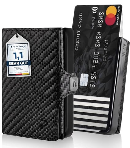 PURISTO KLIK Minimal Slim Wallet mit Münzfach - Mini Geldbeutel und Kreditkartenetui für Herren aus Echtleder - Kleines Portemonnaie mit RFID Schutz für 10-12 Karten - Carbon