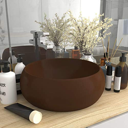FOZICV LuxuriöSes Waschbecken Rund Matt Braun 40x40x15 cm Keramik Lavabo Aufsatzwaschtisch Badmöbel Washbasin Aufsatzwaschbecken Rund Spülbecken Rund Bathroom Sink