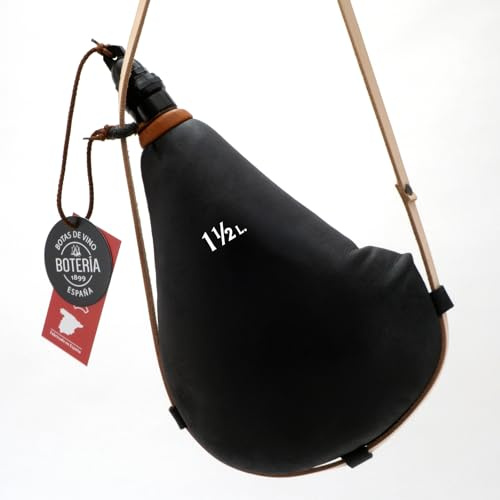 Bota de Vino Antigua Recta interior de Látex todas las Bebidas Piel de Cabra Curada Color Cuero Negro (1,5 Litros)