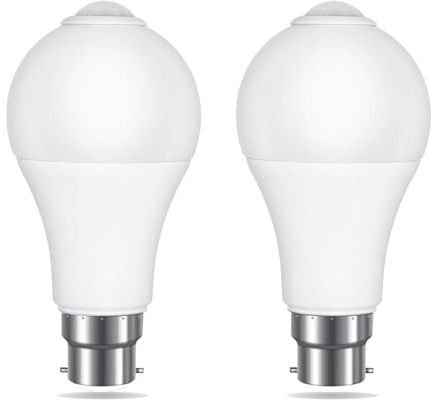 Akynite PIR Motion Sensor LED Bulbs B22 12W Cool White 6000K 1000LM, Detection Angle 120°, Auto on Off, AC 230V, B22 BC Bayonet Motion Sensor Ceiling Light Bulb for Porch Stairs Entrance, 2pcs