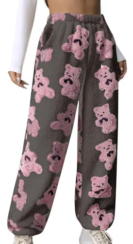 KDEIHT Jogginghose Damen Fleece Hose Winter Warm Pyjamahose High Waist Sporthose Casual Cargohose Plüsch Bequeme Freizeithose Thermo Wanderhose Baggy Plüschhose Flauschige Elastische Haremshose