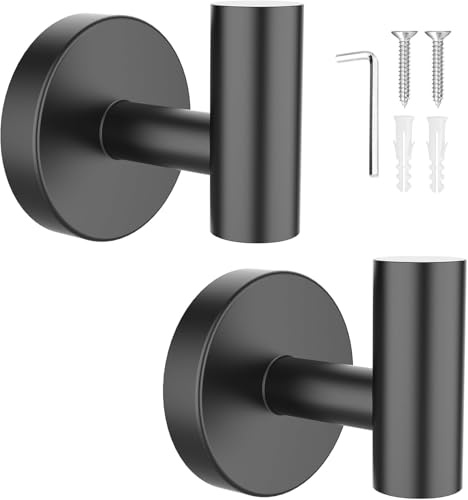 SetSail Towel Hooks for Bathrooms 2 Packs Matte Black Bathroom Towel Hook Wall Mounted 304 Stainless Steel Shower Towel Hooks for Coat Hanging, Drilling Hole