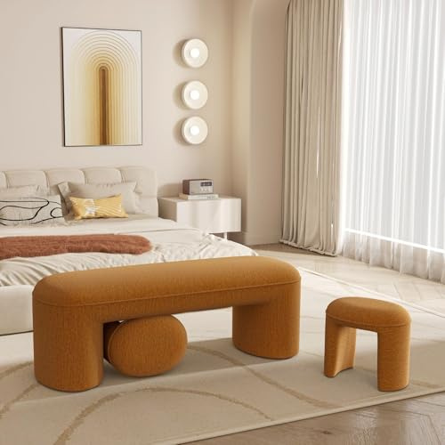 ChicAura 3-Piece Nesting Ottoman Bench Set, 53 Chenille Upholstered End of Bed Bench with 2 Foot Stools, Modern Space-Saving Entry & Vanity Stools for Living Room & Bedroom, Mustard Yellow