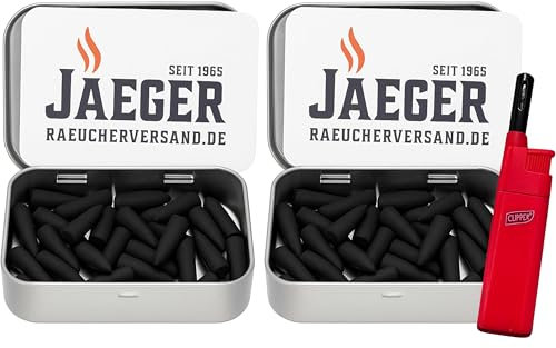 Jaeger Räuchereiprodukte | Kaltrauch-Anzünder Set 60 Stück + Mini-Lötbrenner | Naturprodukt ohne Zusatzstoffe | für Sparbrand & Räuchermehl | einfache Anwendung | inkl. Metallbox | Made in Germany
