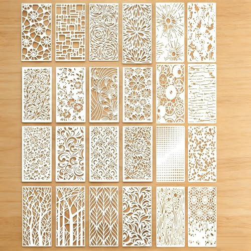 Stencil Riutilizzabili per Pittura, Set di 24 Texture Stencil, Stencil per Pittura la Trama di Fuochi d'Artificio di Fiori Geometrici, per Aerografo, Parete, Fai Da Te, Legno, Mobili, Tessuto
