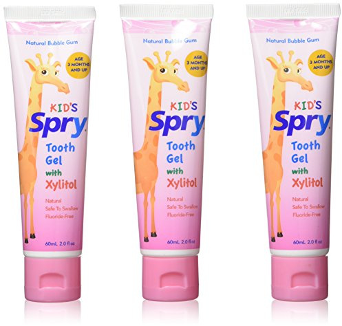 Spry Natural Xylitol Toothpaste for Baby, Toddler and Kids Age 3 Months and Up - Fluoride Free Tooth Gel, Tasty, Support Development of Emerging Teeth, Bubble Gum 2 Fl Oz (Pack of 3)