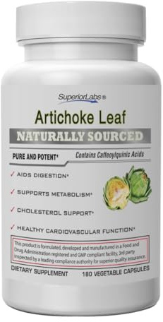 Superior Labs – Artichoke Leaf NonGMO Powerful with Caffeoylquinic Acid Natural Dietary Supplement to Support Healthy Metabolism, Digestion, Antioxidant, – 600 mg Dosage – 180 Veg Caps