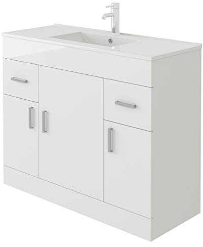 VeeBath VUMW100 Sphinx High Gloss White Free Standing Basin Vanity Cabinet Unit & Rectangular Sink - 1000mm