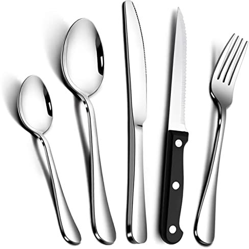 RayPard Silver 30-Piece Stainless-Steel Cutlery Set with Steak Knives Service for 6, Flatware Set for Home Restaurant, Tableware Dinnerware Knife Fork Spoon, 24 pcs + 6 pcs