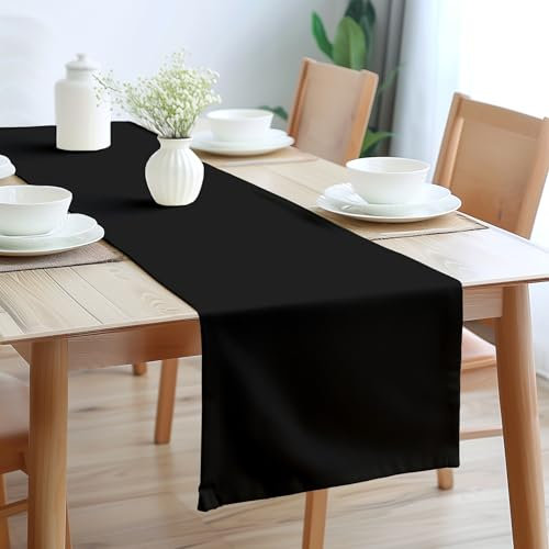 Encasa XO Table Runner 32x150 cm Long | Cotton Canvas Fabric | Jet Black Solid Color | For Dining Table Fall Decoration, Holiday & Christmas Festivals - Machine Washable