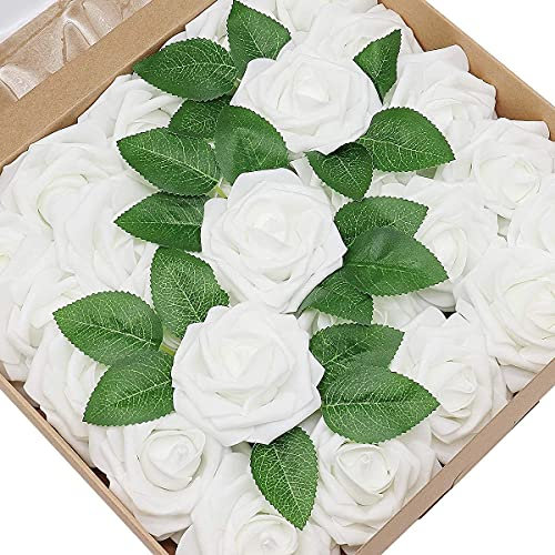 CattleyaHQ 25 Stück künstliche Rosen Blumen, Schaum Rosen mit Box, Simulation Blossom Pretty Rose für Hochzeitssträuße Bridal Party Home Decor (Weiß)