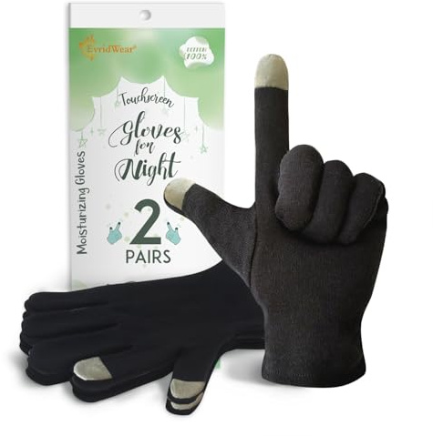 Evridwear 100% Cotton Touchscreen Moisturizing Beauty Gloves with Elastic Cuff, Natural Cosmetic Therapy Gloves for Eczema SPA Dry Hands Care Overnight (Black, Medium) 2 Pairs