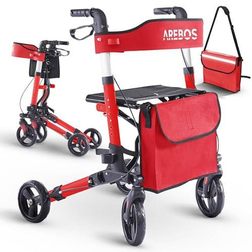 Arebos Leichtgewicht Rollator Aluminium | Reiserollator 6-fach höhenverstellbar | Faltbar | Inkl.Stockhalter und abnehmbare Einkaufstasche | Gehwagen Laufhilfe Gehhilfe mit Feststellfunktion | Rot