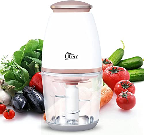 Uten Mini Elektrischer Zerkleinerer 700ml Glasbehälter, 300W Fleischwolf mit 4‑flügeligem Edelstahlmesser, Spritzfest Zwiebelschneider für Gemüse, Obst, Smoothie, Spülmaschinengeeignet