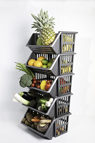 5 Tier Grey Storage Stackable Baskets for Kitchen Shelving Unit Toys Free Standing Shelf Organizer Plastic Fruit Onion Potato Under Shelf Van Utility Stacking Basket Rack Large