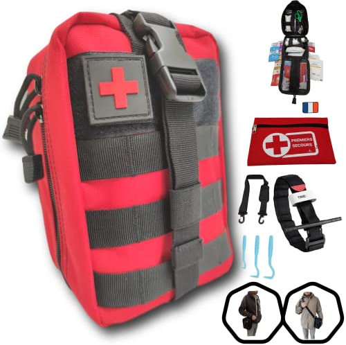 Trousse de premiers secours rouge complète tactique Assemblé en FRANCE+bandoulière+petite trousse+tire tique