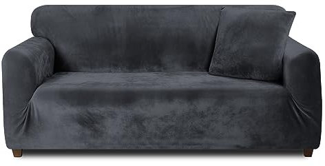 Teynewer Thick Velvet Sofa Covers 1 2 3 4 Seater High Stretch Non-Slip Couch Cover Furniture Protector Plush Sofa Slipcovers with 1 pillowcase for Living Room Dogs Cat Pet (2 Seater, Dark Grey)