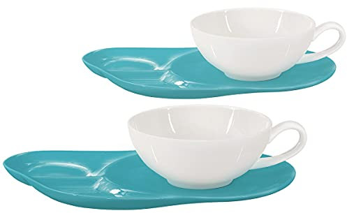 Buchensee Teetassen Set Lena aus Crystal Bone China Porzellan in türkis. 2 Tassen je 200ml + Untertasse mit praktischen Ablageflächen