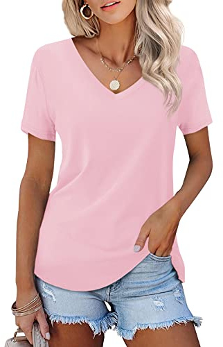 Beluring Damen Kausal Vneck T-Shirts Elegante Baggy Kurzarm Tops Rosa XXL