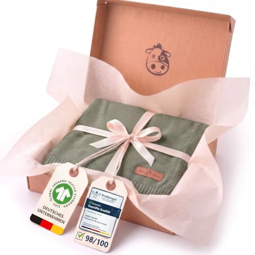 Minky Mooh® - Babydecke aus 100% Bio Baumwolle (Öko-Tex 100) Gr. 94x72cm grün - Baby & Kuscheldecke Geschenk für Neugeborene zur Geburt Erstausstattung - Pucktuch & Baumwolldecke Mädchen & Jungen
