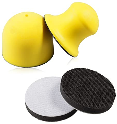 SPEEDWOX 4 Pack 3 Round Hand Sanding Blocks Hook and Loop Sanding Pad Includes 2Pcs Sponge Cushions, Hook Backing Plate for Wood Furniture Restoration Polishing Home and Car (Yellow)
