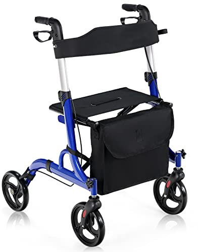 COSTWAY 4 Wheels Rollator Walker with Seat, Folding Mobility Walker with Dual Brake System, Height Adjustable Handle, Cane Holder & Storage Bag, Lightweight Walking Aid for Elderly Handicapped (Blue)