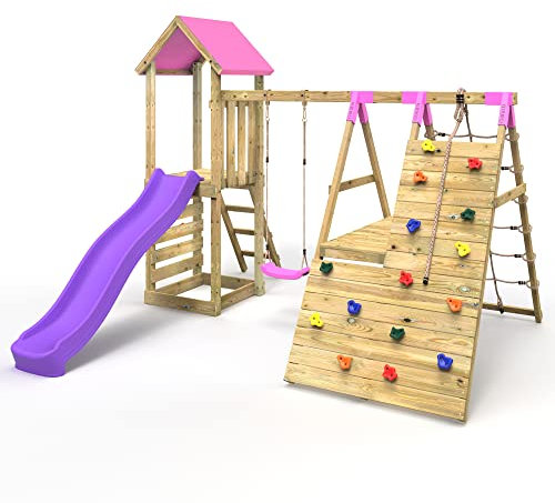 Rebo® Wooden Climbing Frame with Swings, 6+8FT Slides and Climbing Wall - Alverstone Pink | OutdoorToys | Kids' Outdoor Wooden Garden Play Equipment, Children's Jungle Gym