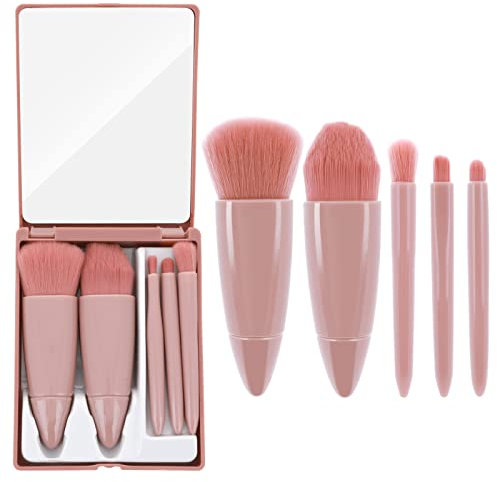 Sibba Reise Make up Pinsel Set, 5 teiliges Mini Komplettfunktions Kosmetikpinsel Set mit Spiegel für Lippenpinsel Foundation Blending Powder Brush Mini Gesichtskosmetik Make up Pinsel Set