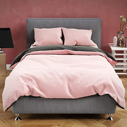 Leonado Vicenti Teddy Plüsch Bettwäsche 135x200 cm Warme Winter Uni Wende Bettbezug Cashmere Touch Anthrazit Rosa