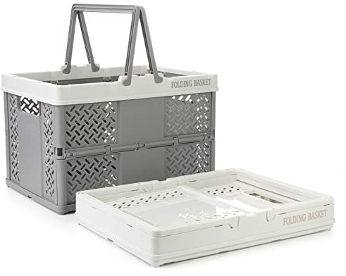 Spesh 2 Pcs Collapsible Storage Crates 31cm*22cm Mini Foldable Kid Shopping Baskets with Handles Small Plastic Crates for Picnic,Shopping,Camping(White+Whitegrey)