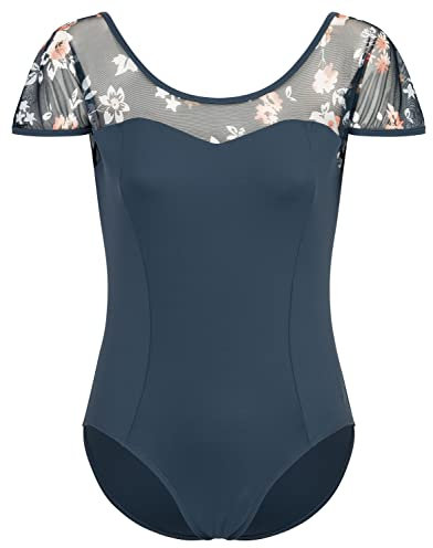 tanzmuster Ballett Trikot Damen Kurzarm - Marleen - BH-Pad-Einschub - geblümte Netzeinsätze - dunkelblau 38 - blauer Tanz Body - Ballettkleidung für Erwachsene