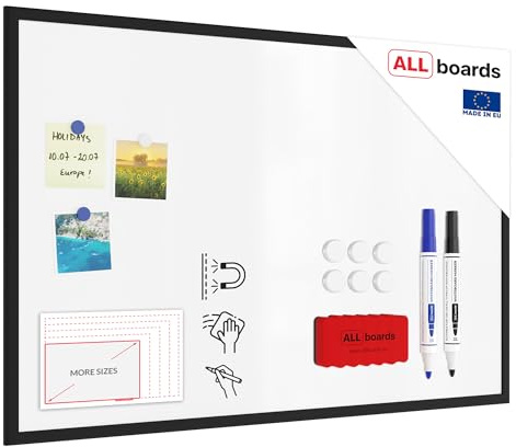 ALLboards Tableau Blanc Magnétique Effaçable à Sec avec Cadre en Bois Noir 90x60cm