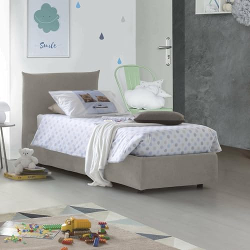 Talamo Italia - Daisy-Einzelbett, Bettkasten mit Stoffbezug, 100% Made in Italy, Öffnung vorne, inklusive Matratze 80 x 190 cm, Beige