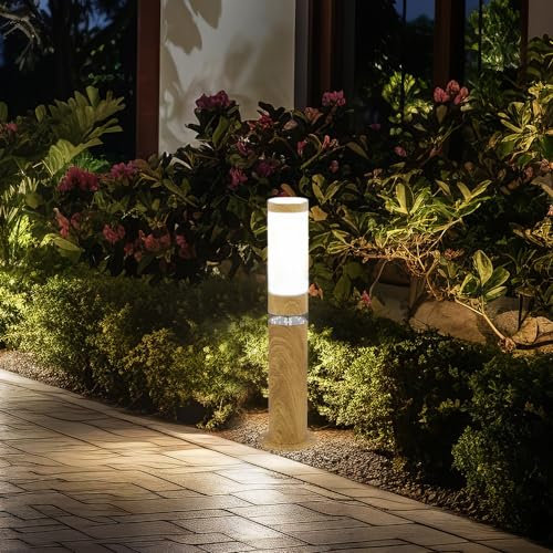Standleuchte Sockelleuchte Außen rund Sockellampe Aussenbereich Edelstahl Terrassen, Holz Optik mit Deko LED, 1x E27, DxH 11,7 x 50 cm