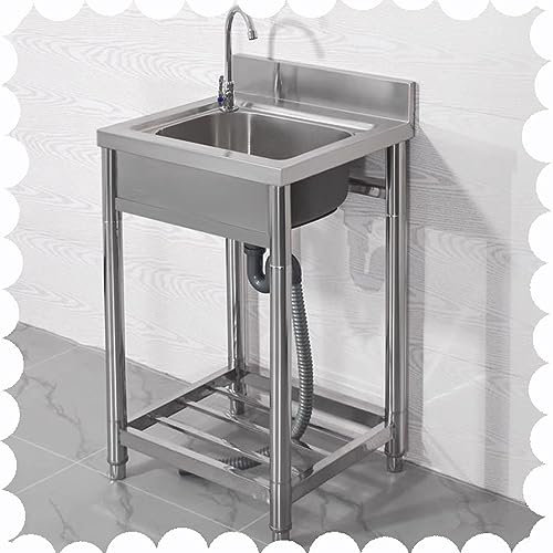 HCZION Waschbecken Küche Freistehend Spülbecken Küchenspüle Außenbereich Edelstahlspüle 1 Becken Garten Ausgussbecken Gastronomie Spültisch (Color : Cold+Hot Water)