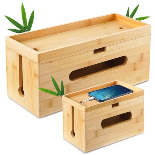 Otauoaea Set da 2 Scatola Nascondi Cavi Elettrici Bambù - Scatola Portacavi Raccogli Cavi - Grande Scatola Cavi per Organizzare il Cablaggio del Computer e i Cavi Allentati