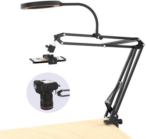Overhead Treppiede cellulare con luce ad anello, braccio flessibile da tavolo con luce, supporto flessibile per fotocamera da tavolo con luce ad anello per registrazione video YouTube Live Stream,