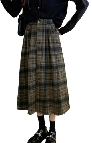 gonna Donna Linea A Gonna Midi Vita Alta Scozzese Lunga A Pieghe Svasata Tartan Vintage Calde Autunno Inverno-Nero