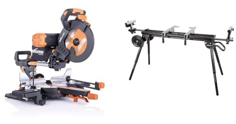 Evolution Power Tools R255SMS-DB+ Scie à onglets coulissante multi-matériaux & Support de scie à onglet Evolution Power Tools Plus - Support compact pliable avec bras extensibles
