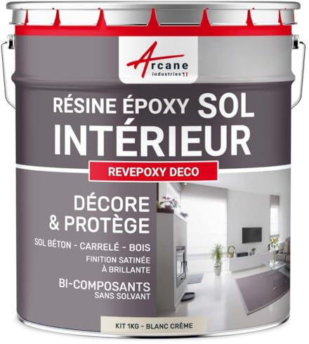 Peinture Sol - Résine Epoxy : Peinture pour Sol salon, cuisine, salle de bains - Effet Miroir - REVEPOXY DECO - 1 kg (jusqu'à 5 m² en 2 couches) Blanc crème RAL 9001 - ARCANE INDUSTRIES