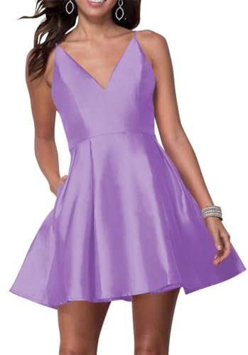WSEYU Robe courte en satin à bretelles spaghetti pour adolescentes, robe de cocktail de remise de diplôme, lilas, 36