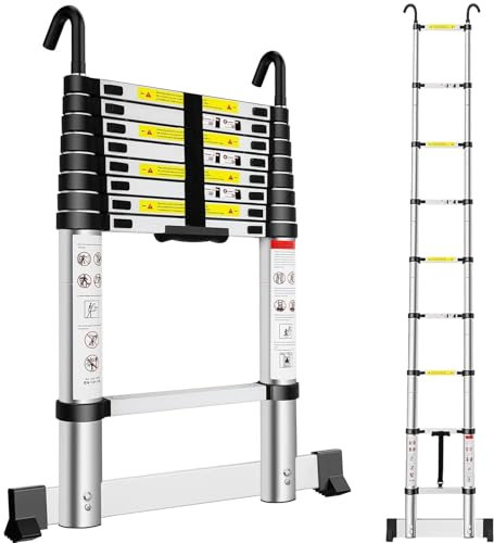 Exleiter Extendable Telescopic Ladder 2.6M, Aluminium Telescoping Ladder with Detachable Hooks and Stabiliser Bar, Adjustable Height Portable Sturdy Loft Ladder Secure Climbing for Home