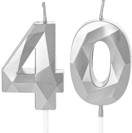 Geburtstagskerzen Zahlen 40 Jahre, 5cm Geburtstag Kerzen, 3D Zahl Silber Kerzen 40. Geburtstag Mann und Frau Tortendeko für Geburtstag Party, Hochzeiten, Firmenfeiern, Jubiläen