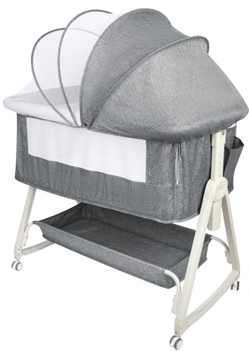 HUOLE 3 in 1 Beistellbett, Reisebett Baby mit Matratze, Babybett 6 Fach höhenverstellbar mit Aufbe, tragbarer Stubenwagen mit Rollen für Baby bis 36 Monaten-92 * 52 * 106-118cm – Leinengrau
